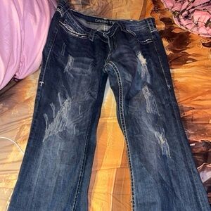 Cowgirl Tuff Women's Boot Cut Jeans in Dark Blue with Distressed Detail